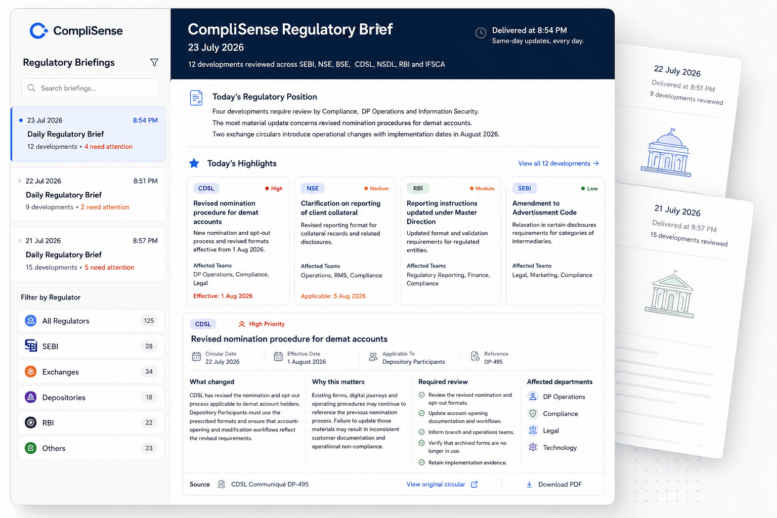 CompliSense Daily Legal Updates regulatory briefing showing same-day delivery, regulator filters, priority developments, affected teams, implementation dates and source traceability using illustrative data.