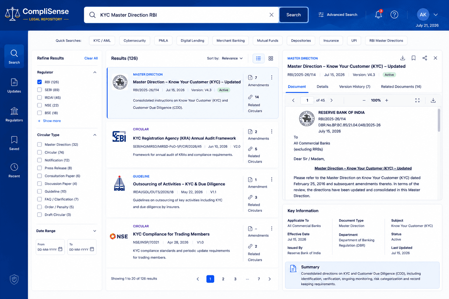 CompliSense Legal Repository interface showing regulatory search, regulator and document-type filters, consolidated results, amendments, related circulars, version history and structured document details using illustrative data.